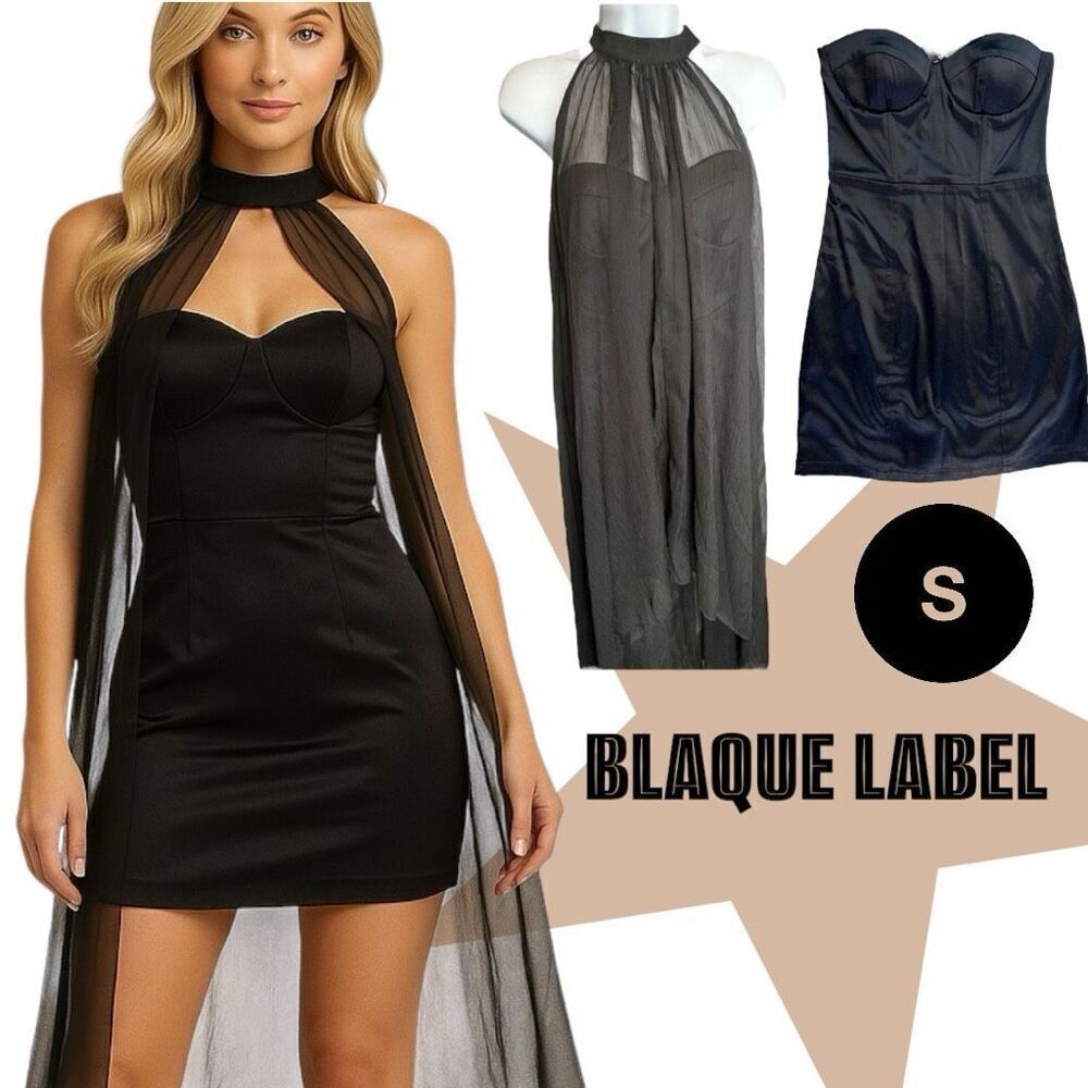Blaque Label Womens Bodycon 3 in 1 Chiffon Overlay Dress 2 Piece Black Small NWT